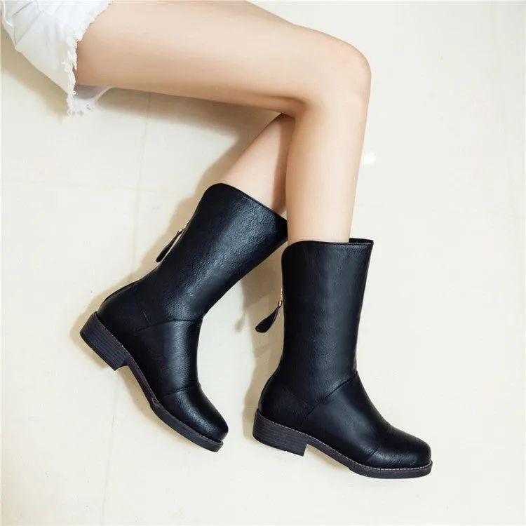 Women's Round Toe Back Zippers Block Heel Mid Calf Boots