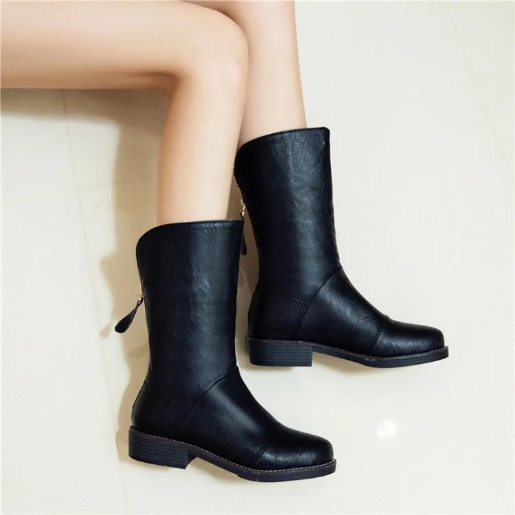 Women's Round Toe Back Zippers Block Heel Mid Calf Boots