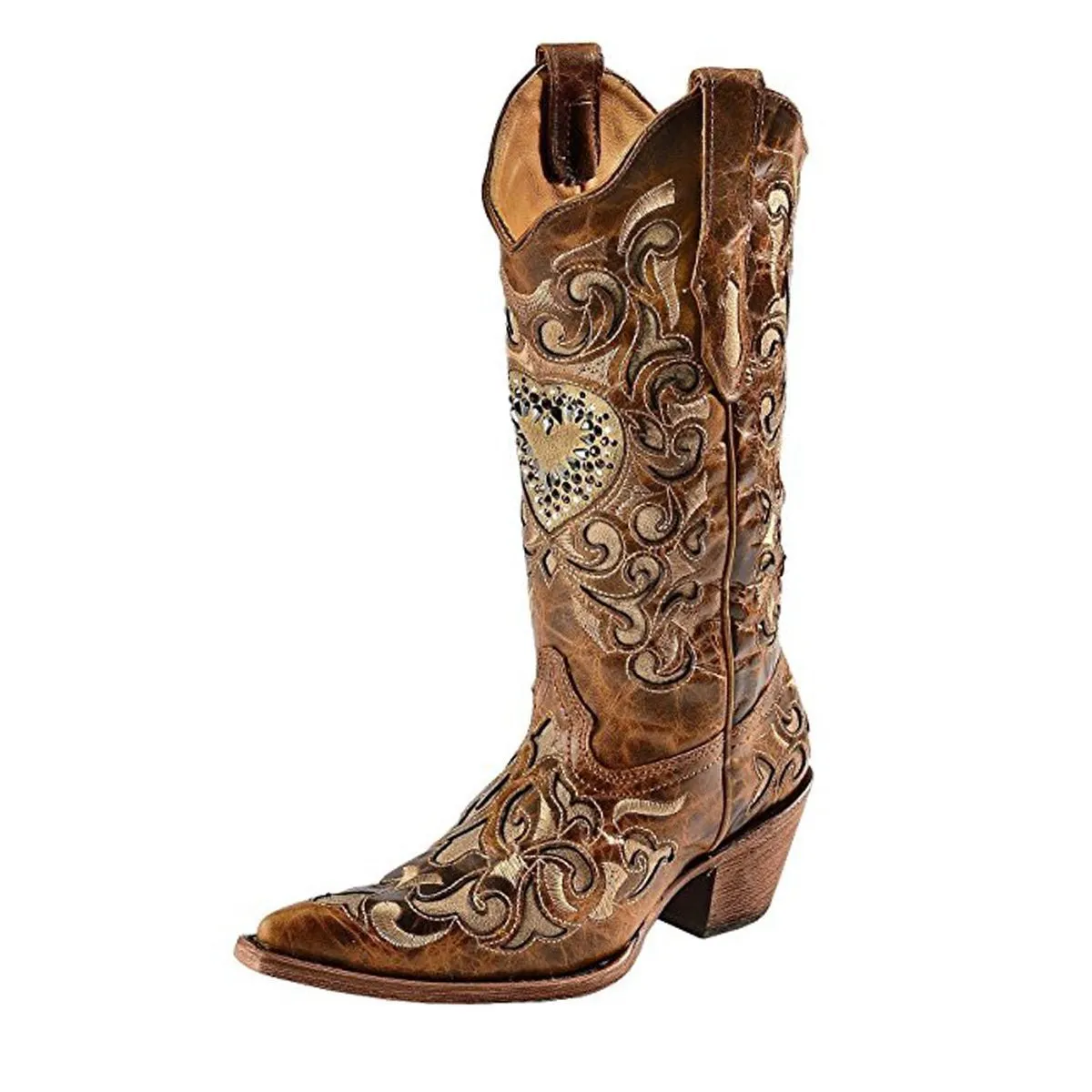 Women's Sand Maipo Crystal Heart Pointed Toe Cowgirl Boots - C1151