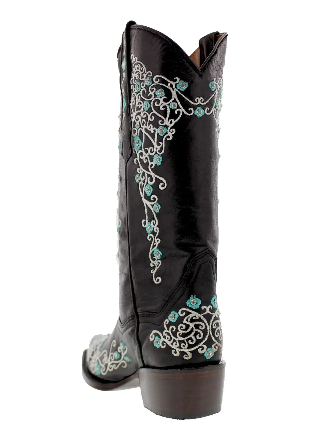 Womens Stella Black & Turquoise Leather Cowboy Boots - Snip Toe