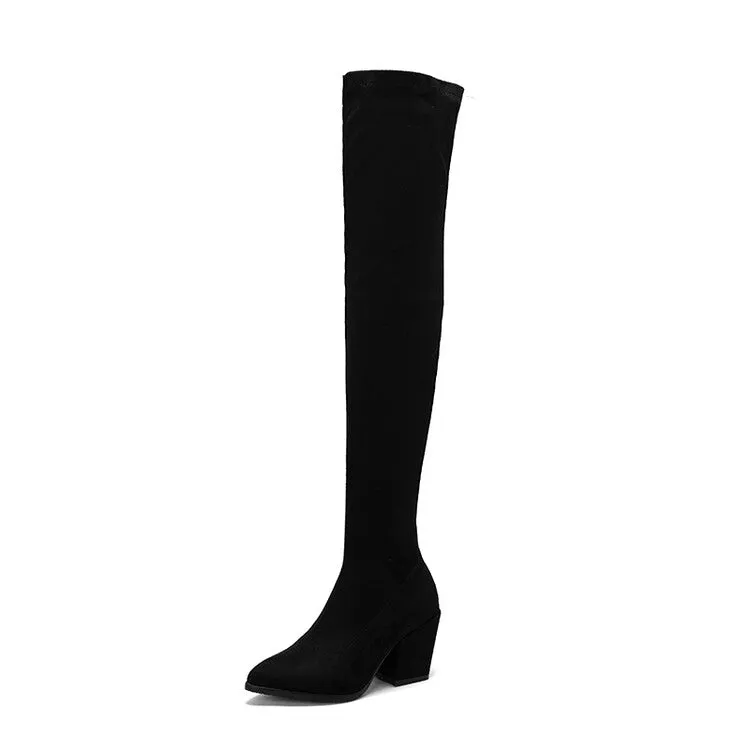 Women's Suede Pointed Toe Side Zippers Over The Knee Block Heel Boots