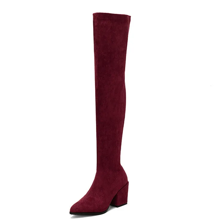 Women's Suede Pointed Toe Side Zippers Over The Knee Block Heel Boots