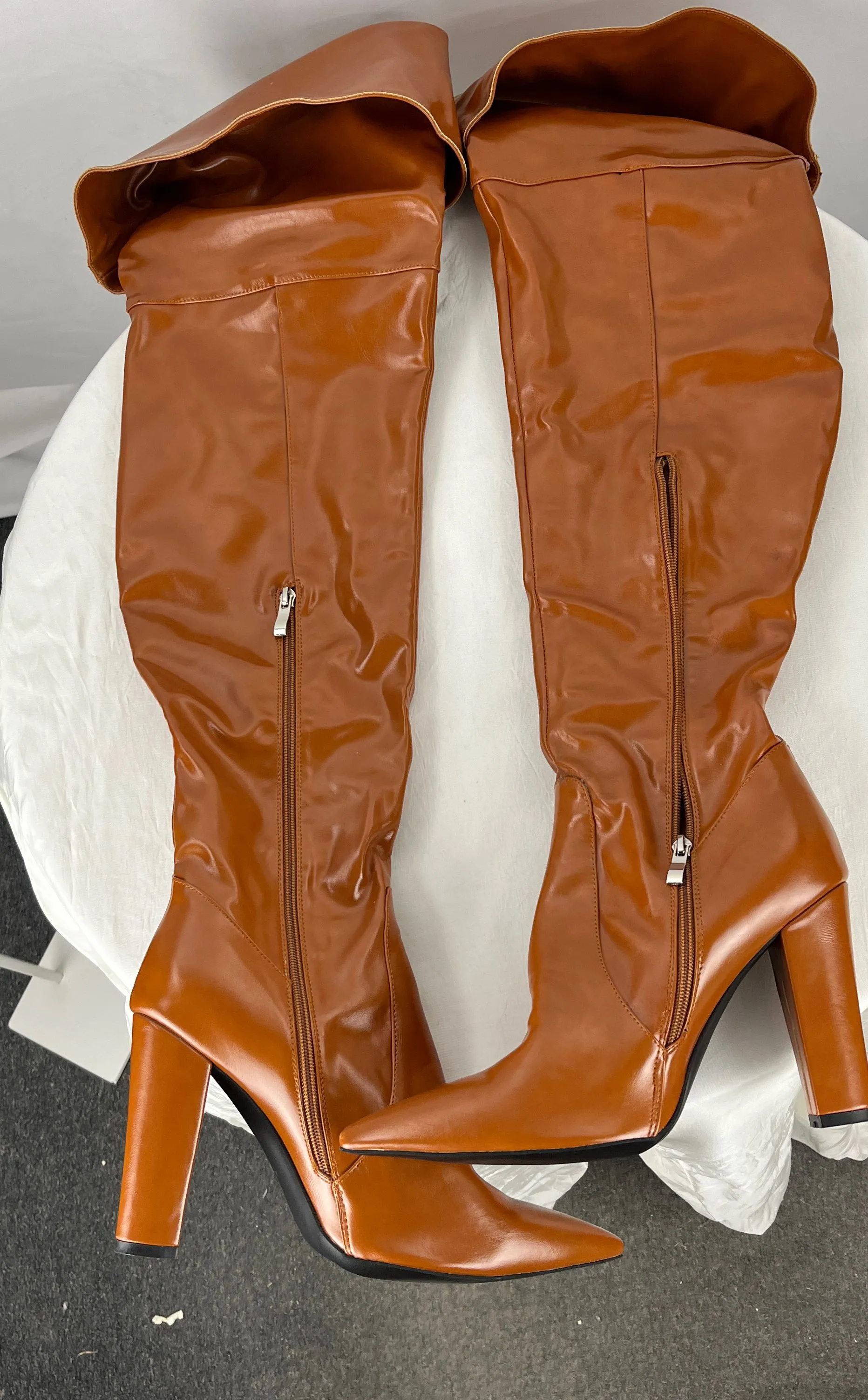 Women's Thigh High Over Knee Tan Faux Leather Boots With Heels Size 11