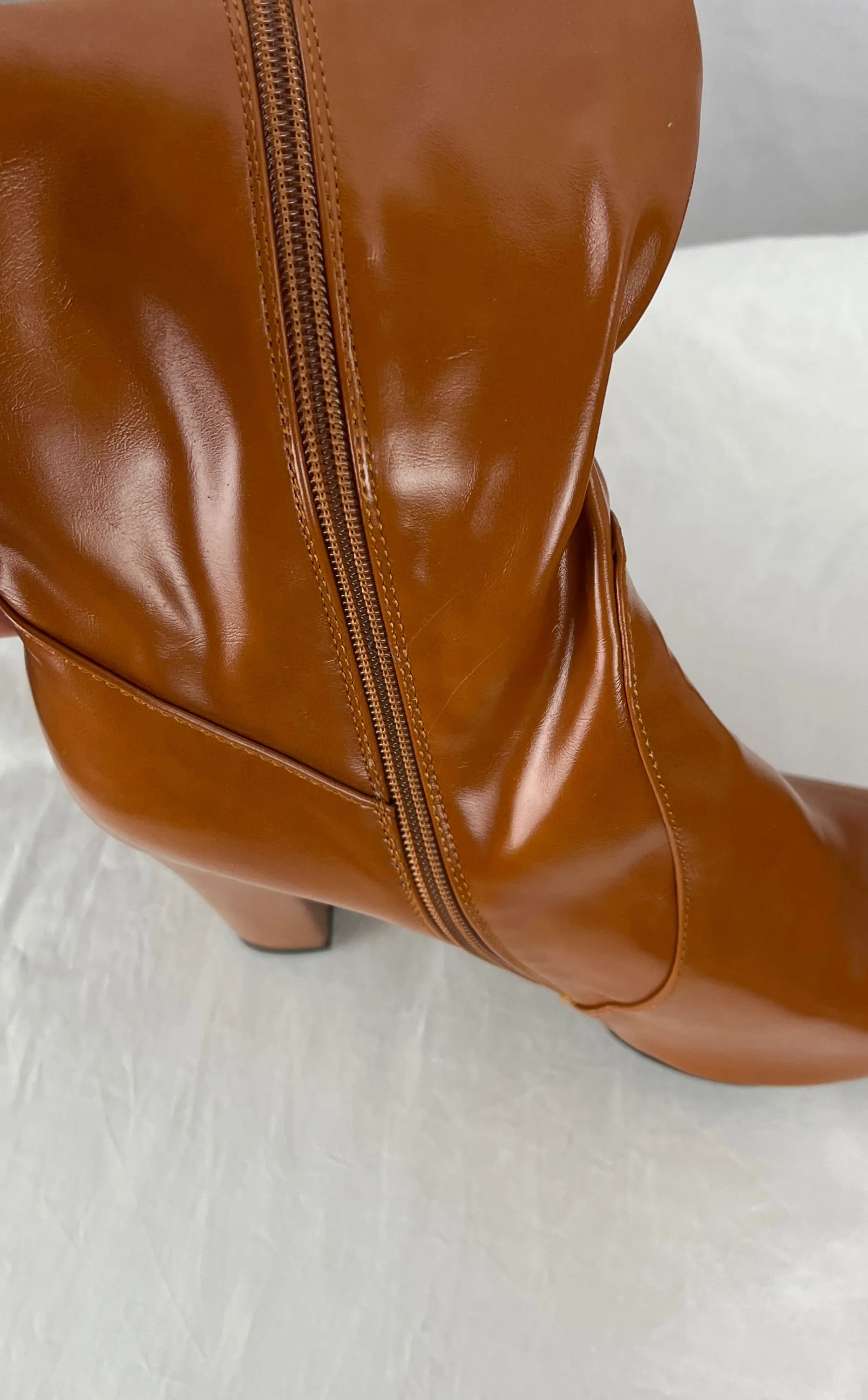 Women's Thigh High Over Knee Tan Faux Leather Boots With Heels Size 11